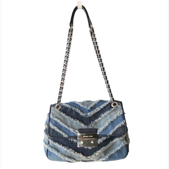 Michael Kors Sloan Denim Crossbody Shoulder Bag Blue Chevron Fringe Patchwork - Picture 3 of 16